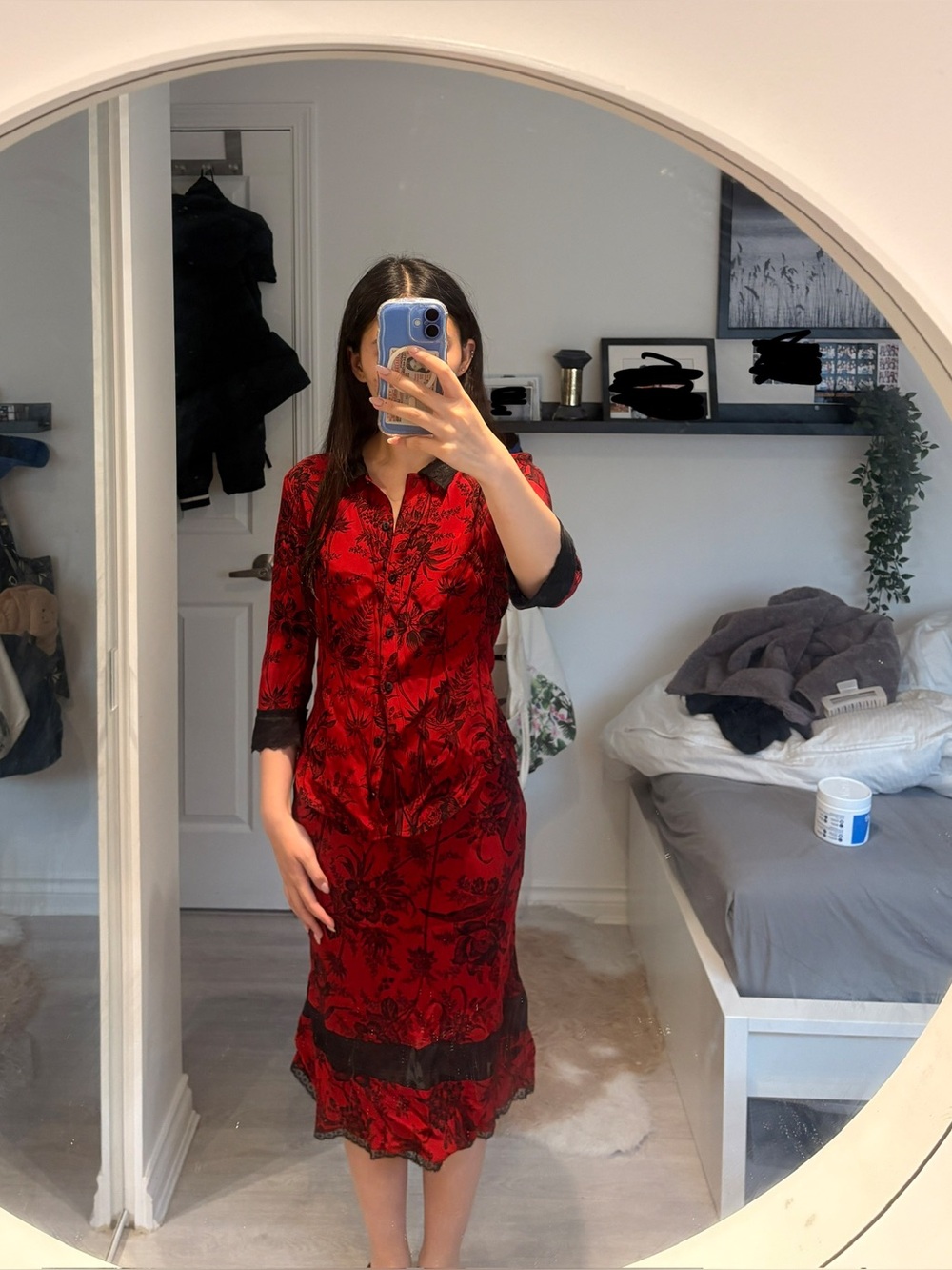 Betsey Johnson Red and Black Floral Blouse with Lace Trim